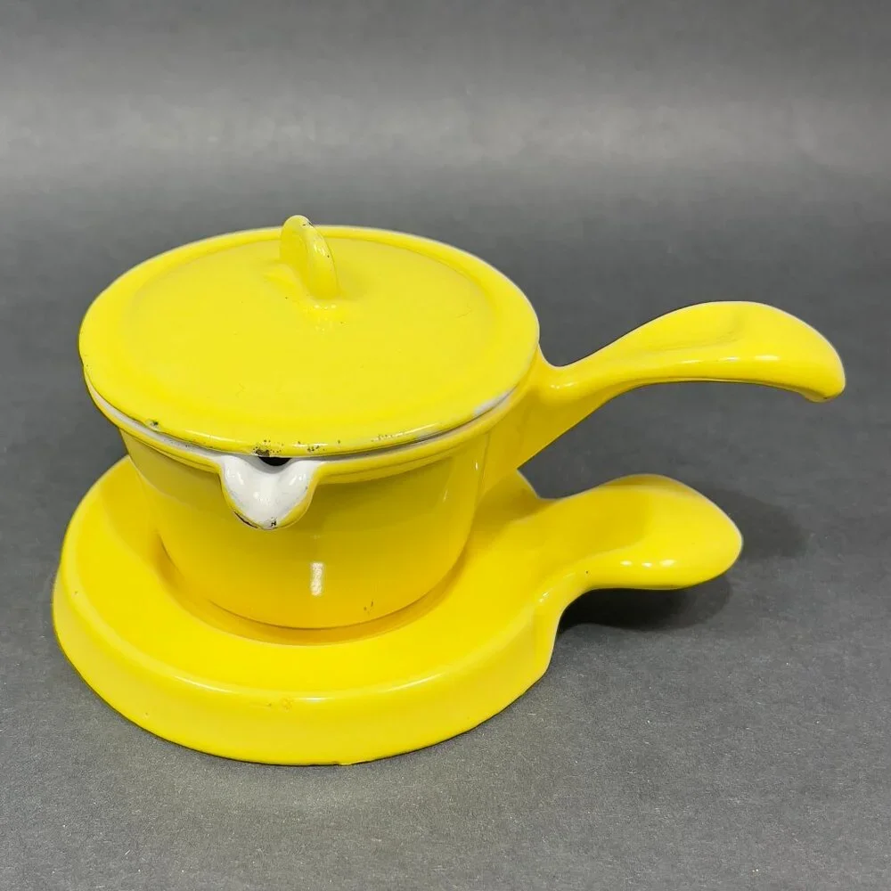 Vtg Descoware Butter Warmer Enamel Cast Iron Yellow Covered Dish Trivet Belgium